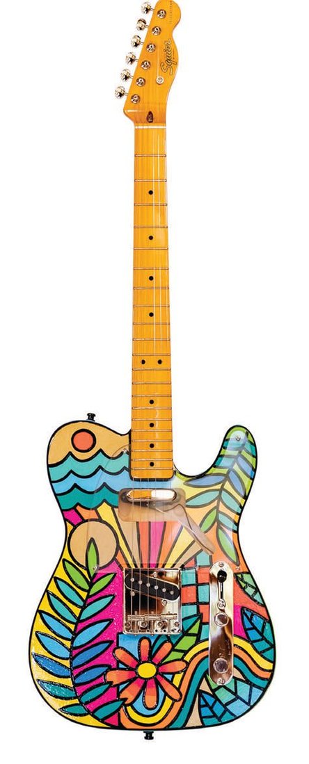 A guitar painted by artist Hanna Gundrum will be auctioned off at the Mission Fed ArtWalk. PHOTO: COURTESY OF LA VALENCIA HOTEL