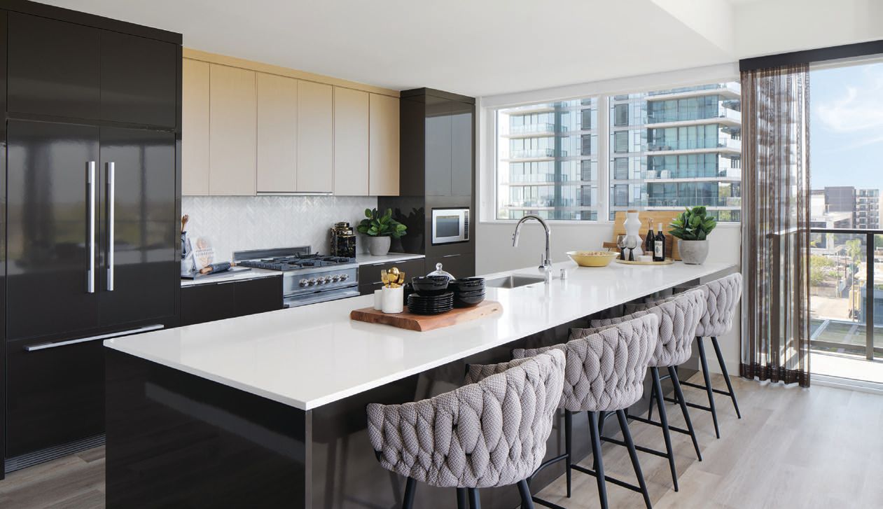 The sleek looks of 525 Olive’s apartments—from its Fisher & Paykel-equipped kitchens to its bedrooms and bathrooms—come courtesy of Jules Wilson Design Studio PHOTO COURTESY OF GREYSTAR