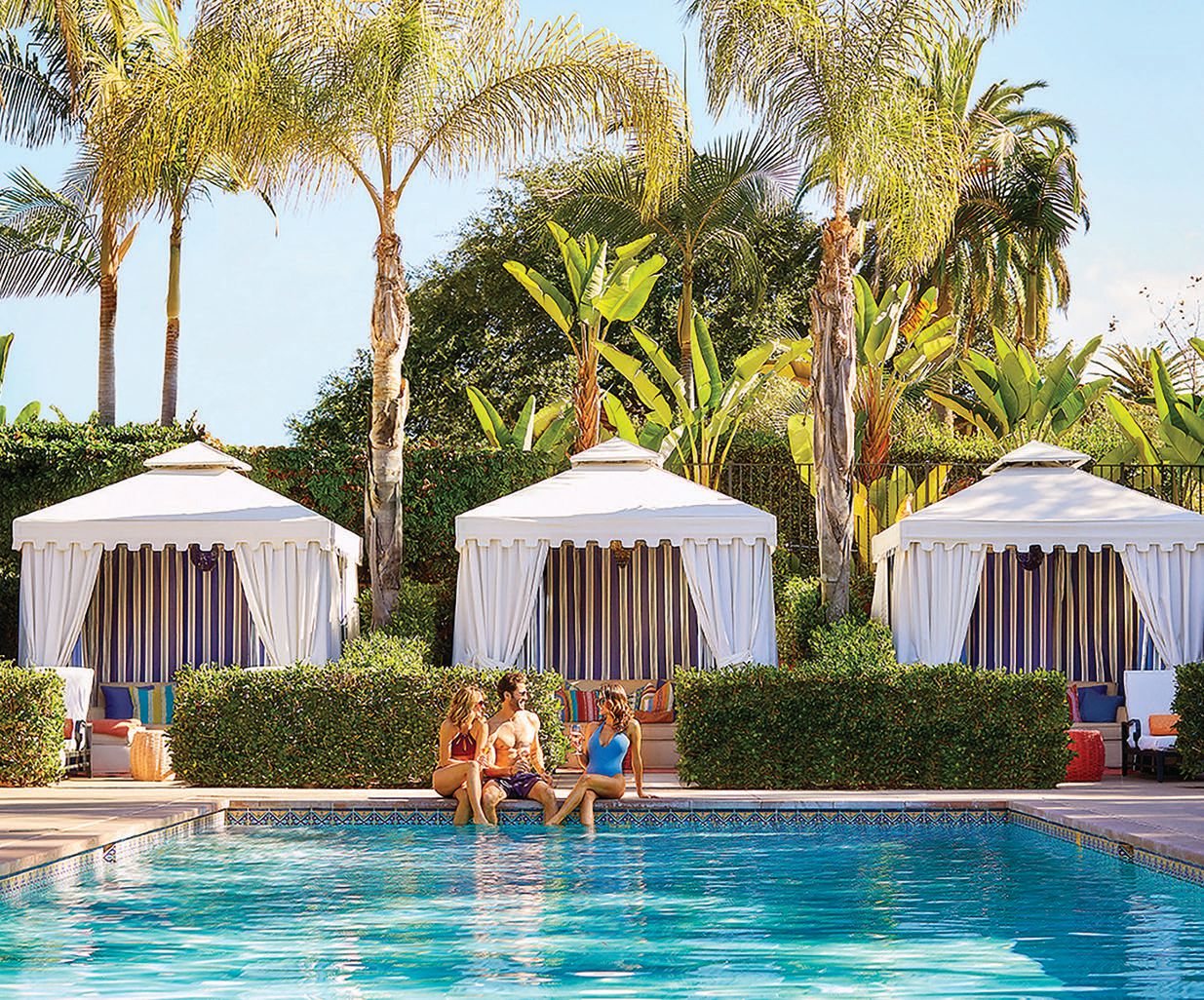 Rancho Valencia Resort & Spa’s award-winning spa—teamed with its own private pool, shown here—is the perfect place to relax after an exciting day at Del Mar Thoroughbred Club. PHOTO COURTESY OF BRANDS