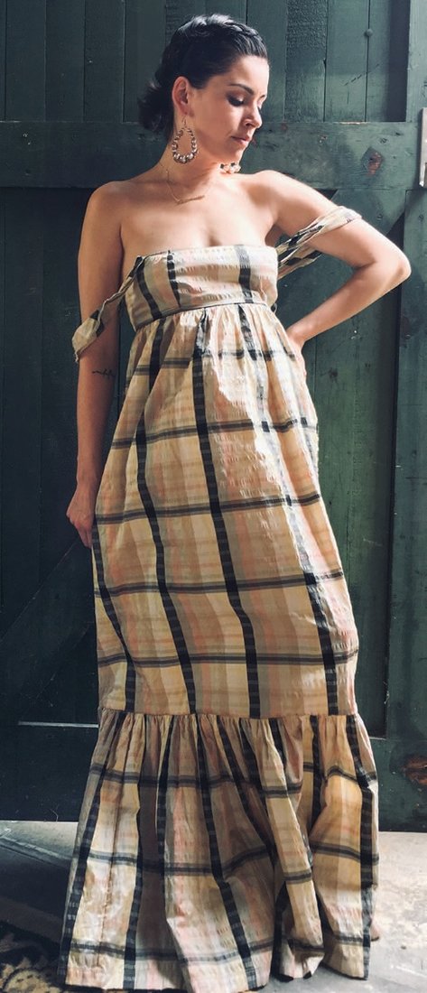 “Our plaid silk shantung dress is like wearing 1,000 butterflies all working together to weave the most uplifting garment; it’s a living entity!” @shopsaintemarie  COURTESY OF BRANDS
