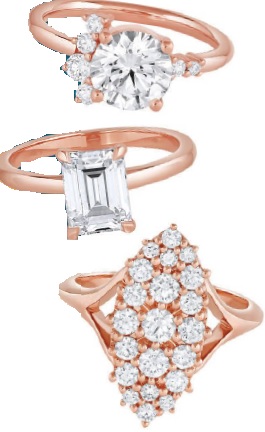 From top: Marrow Fine’s new engagement rings include the Old Euro diamond cluster, The Odessa emerald cut and the Vivienne Navette. SARA REY JEWELRY PHOTOGRAPHY
