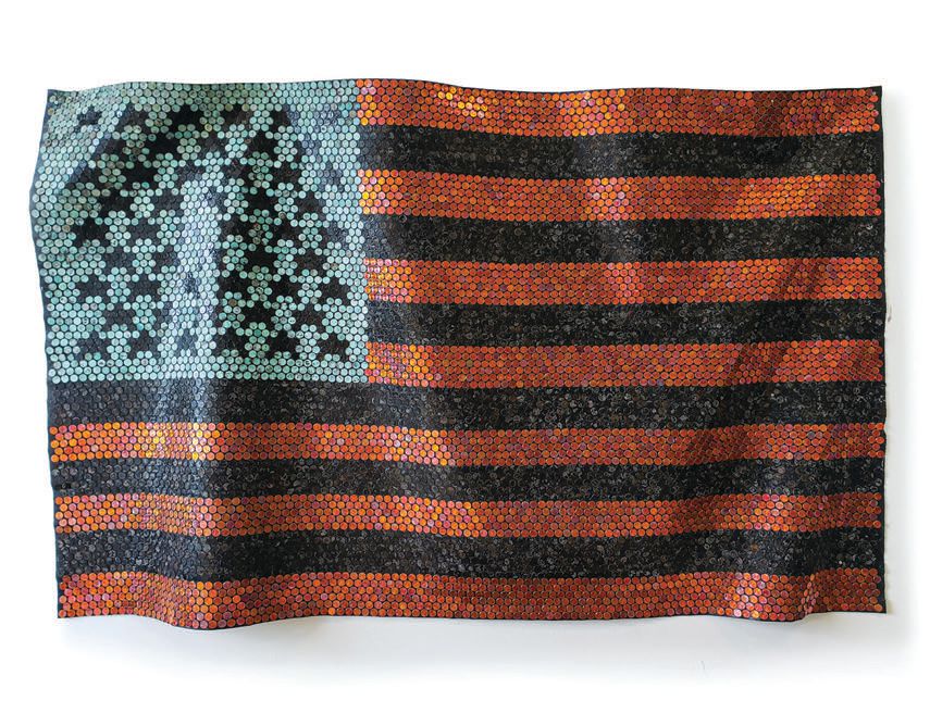 Yaw Owusu, “African-American Flag” (1920-2020, United States oxidized pennies on canvas), 54 inches by 84 inches. PHOTO COURTESY OF THE ARTIST