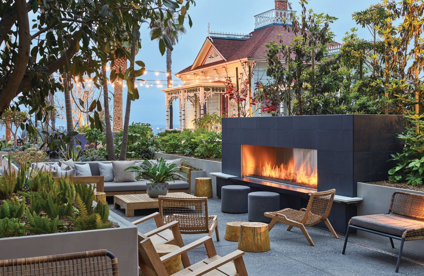 Relax in Mission Pacific Hotel’s courtyard, complete with a fireplace PHOTO: COURTESY OF MISSION PACIFIC HOTEL